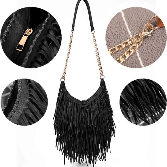 Women's Fringed Faux Suede Leather Cross Body Bag Chain Shoulder Bag Tassel Hand - Picture 3 of 6